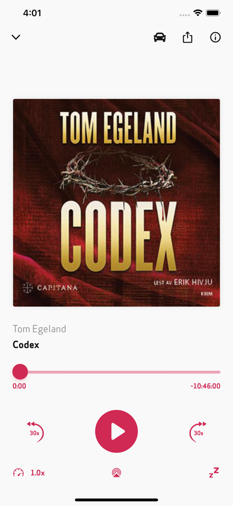 Pantalla de reproducción de audiolibro en la aplicación EBOK.NO para el libro Codex de Tom Egeland.