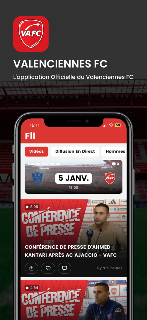 Valenciennes FC - Valenciennes FC official mobile app home screen showing news feed and video highlights