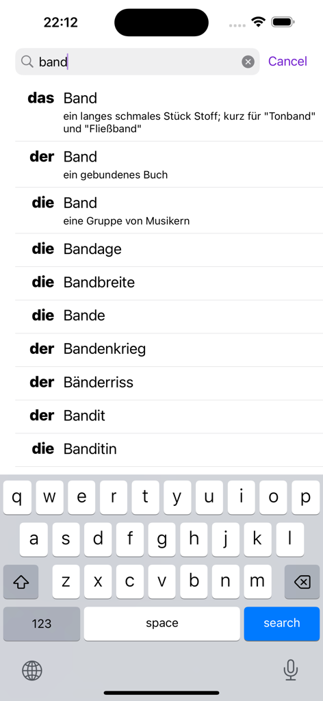 Risultati della ricerca nell'app Der Die Das che mostrano vari articoli tedeschi e definizioni per sostantivi che iniziano con la parola Band.