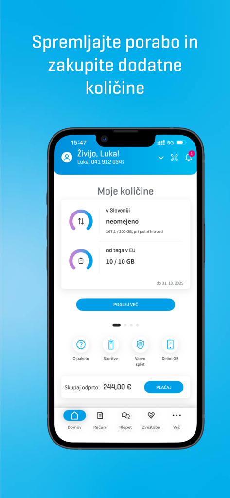 Moj Telekom app interface showing data usage statistics and account balance in Slovenian language.