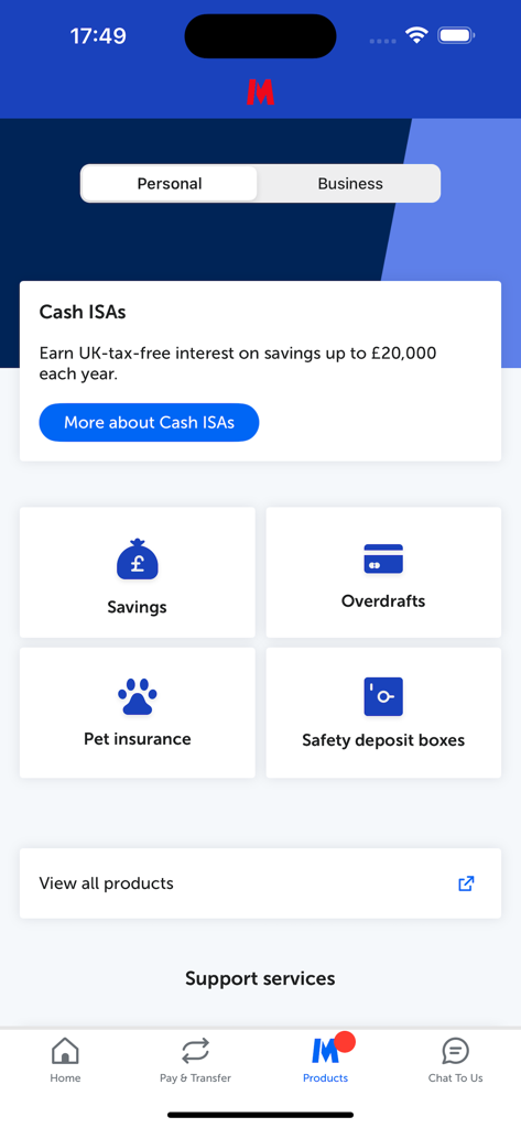 Metro Bank Mobile Banking - Metro Bank mobile app products screen featuring personal banking services and categories