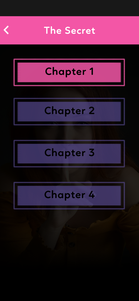 Chapter selection menu for a mystery story called The Secret in the Love Chat app