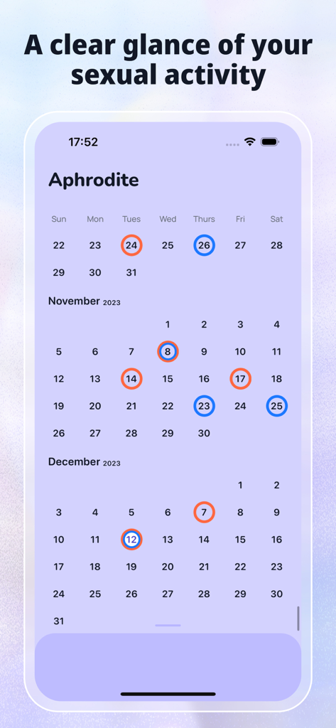 Aphrodite app calendar interface showing sexual activity tracking with color-coded dates