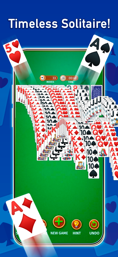 Solitaire: Classic Cards Games - A mobile phone screen displaying a classic solitaire card game with a winning card cascade animation on a green felt background