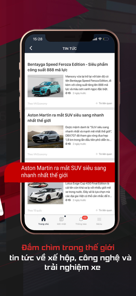AutoPro - Feed de noticias de la aplicación móvil AutoPro con artículos y reseñas de autos de lujo en vietnamita