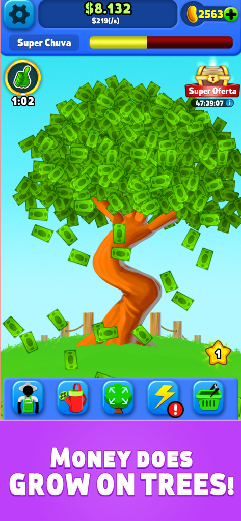 Uma árvore de desenho animado com folhas de notas de dólar no jogo de ganhar dinheiro Money Tree