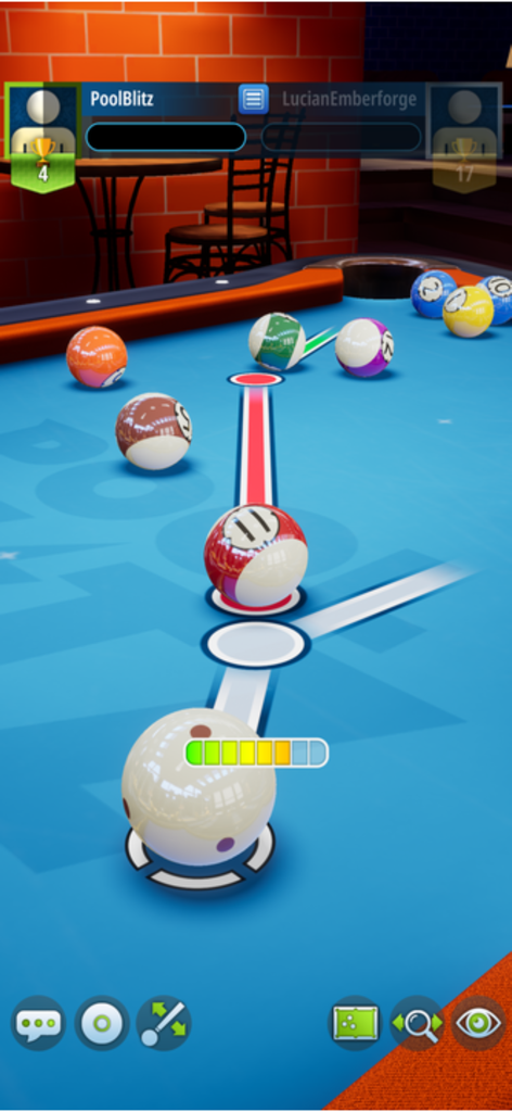Una vista 3D ravvicinata del gameplay di Pool Blitz in modalità verticale che mostra linee di mira su un tavolo da biliardo blu.