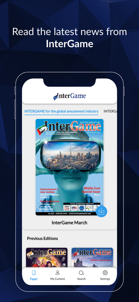 Mobile app interface for InterGame showing digital trade magazine editions for the gaming industry.