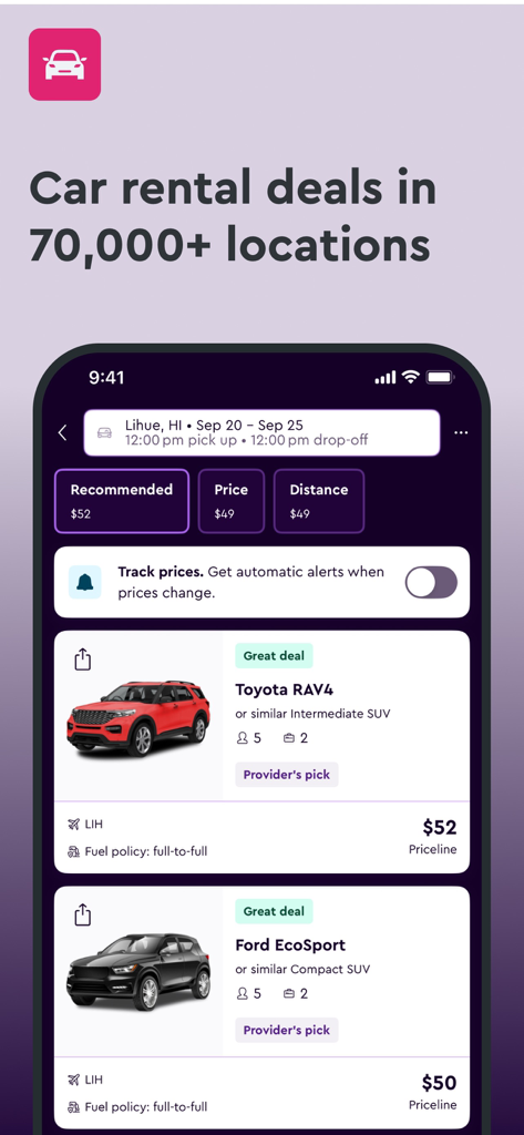 momondo: Flights, Hotels, Cars - 하와이 SUV 렌터카 특가 및 검색 결과를 표시하는 momondo 앱 화면