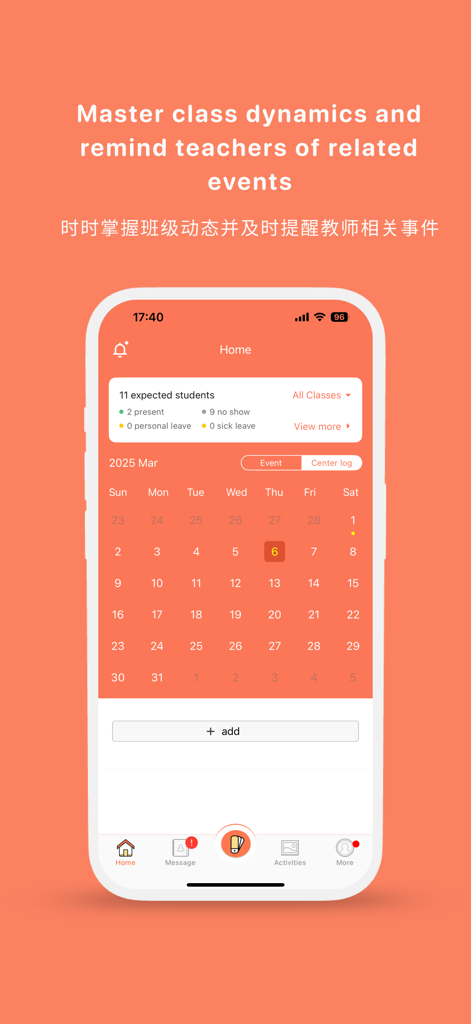 Startbildschirm der Taidii Diilight App mit Anwesenheitsstatistiken der Schüler und einem monatlichen Kalender für Lehrerereignisse.