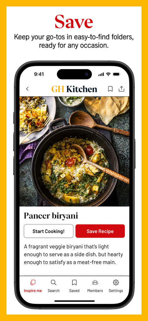 Good Housekeeping Recipes - Schermata dell'iPhone che mostra una ricetta di biryani di paneer con un pulsante rosso Salva Ricetta nell'app Good Housekeeping Recipes