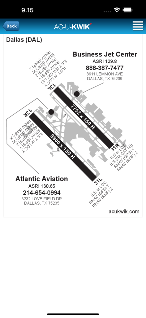 AC-U-KWIK - Airport diagram of Dallas DAL in the AC-U-KWIK app showing FBO locations and runway information