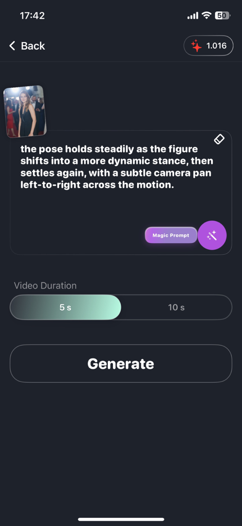Tela do aplicativo Morphica mostrando configurações de geração de vídeo IA com um prompt de texto e seleção de duração