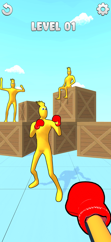 Punch Fun Punching Game - Vista en primera persona de un personaje boxeador amarillo apuntando con un guante rojo a enemigos en cajas de madera en el Nivel 1