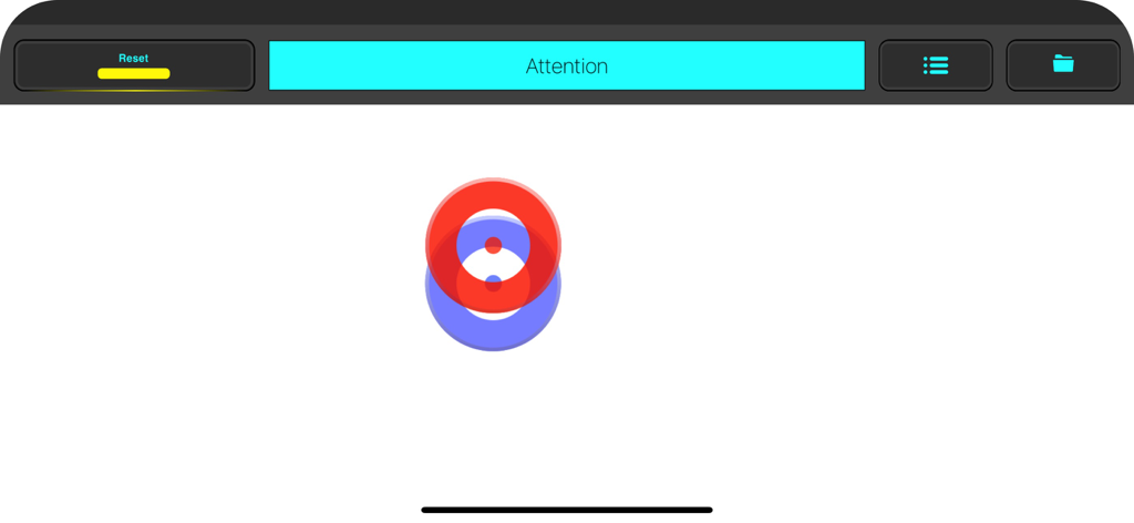 반응 시간 테스트 중 겹쳐진 빨간색과 파란색 원이 표시되는 Reaction RMO Pro 앱 테스트 인터페이스