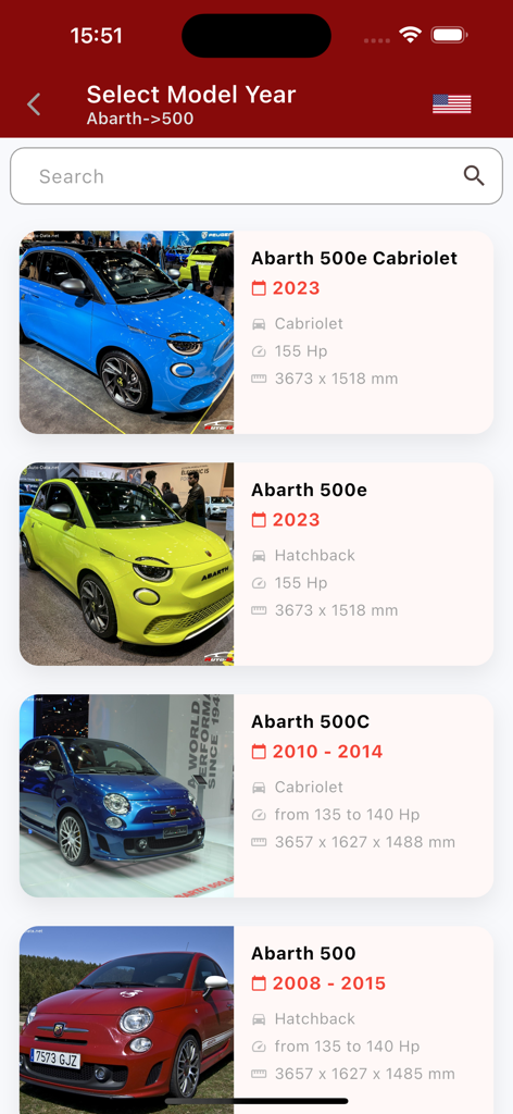 Lista de modelos de carros Abarth com especificações técnicas incluindo potência e dimensões no aplicativo AutoDataNet