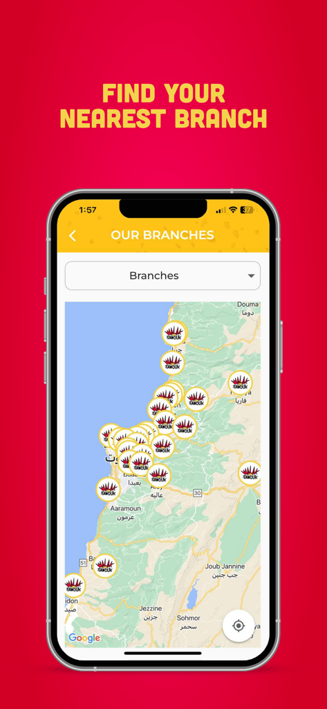 Malak Al Tawouk - Tela do aplicativo Malak Al Tawouk mostrando um mapa com a localização das filiais do restaurante