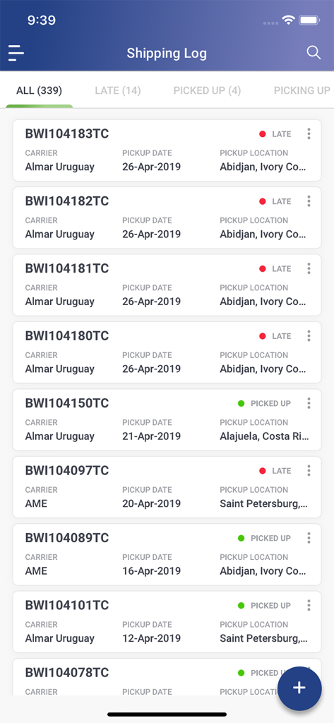 Oberfläche des TradeCafe Versandprotokolls, die den Status von Sendungen und Logistikdetails anzeigt