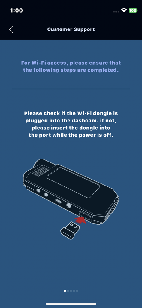 ROADVIEW - A customer support screen in the ROADVIEW app showing instructions and an illustration for inserting a Wi-Fi dongle into the dashcam.