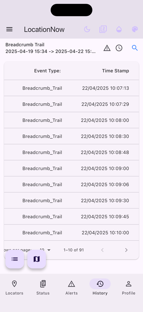 LocationNow - Interfaz de la aplicación LocationNow que muestra una lista detallada del historial de rastros de ruta con marcas de tiempo