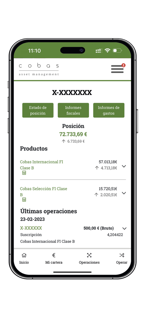 Interfaz móvil de la aplicación Cobas AM que muestra el saldo de la cartera de inversión y las transacciones de fondos recientes.