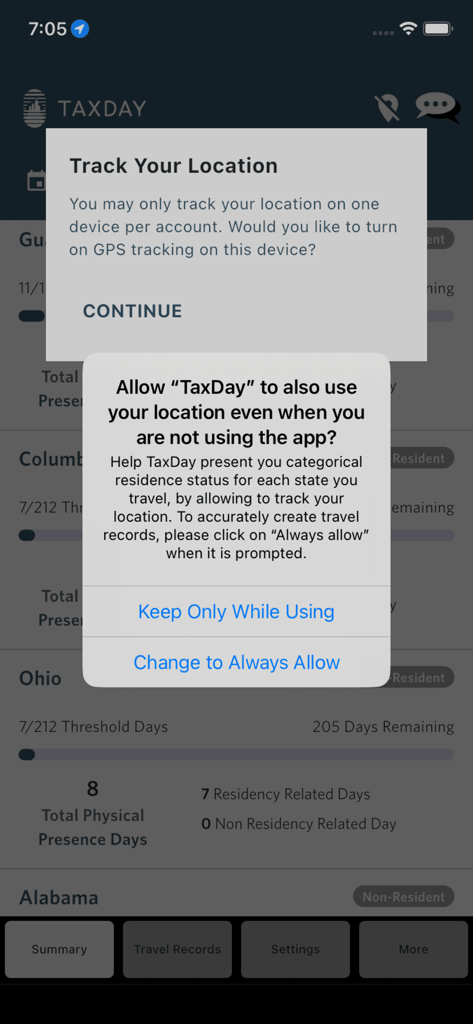 TaxDay - TaxDay app location tracking permission screen for monitoring state tax residency.