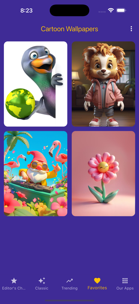 8k Cartoon Wallpapers - 8k Cartoons Wallpapersアプリのお気に入りセクションのスクリーンショット。様々な3Dキャラクターとカラフルなデジタルアートを表示しています。