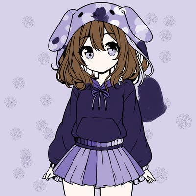 pretty anime girl wearing a fluffy hoodie with bunny ears on the hood and a skirt