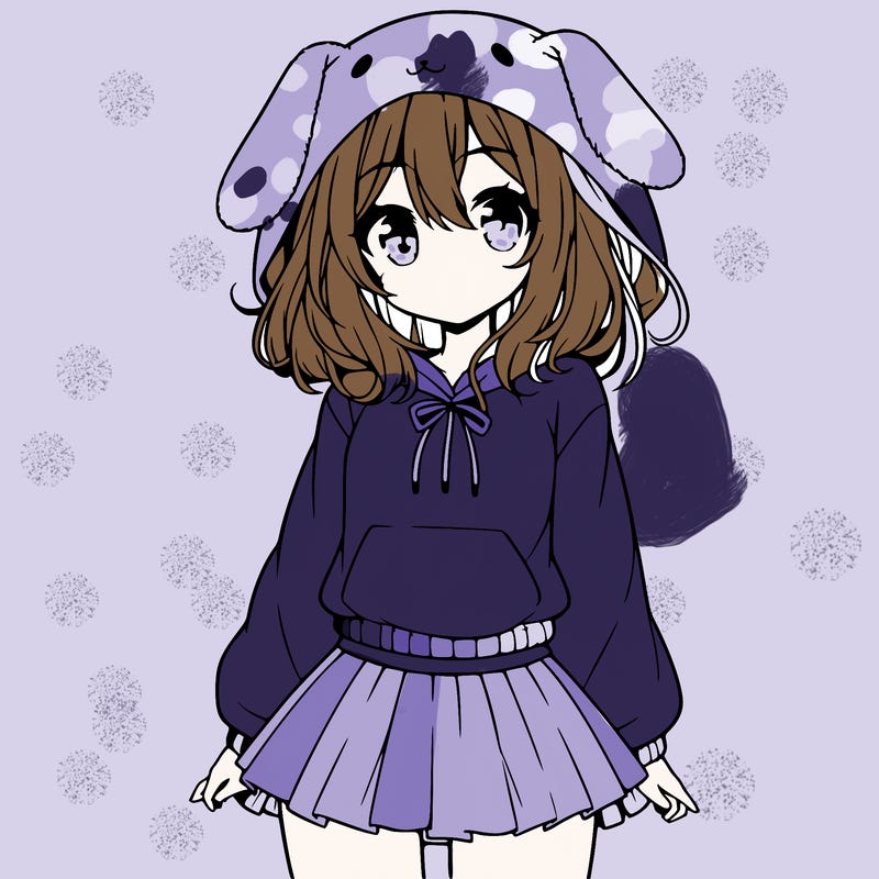 pretty anime girl wearing a fluffy hoodie with bunny ears on the hood and a skirt