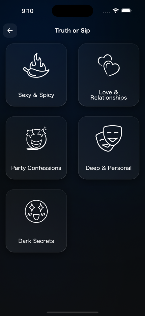 The Party Deck - Truth or Sip category selection screen in The Party Deck app with options like Sexy and Spicy and Dark Secrets