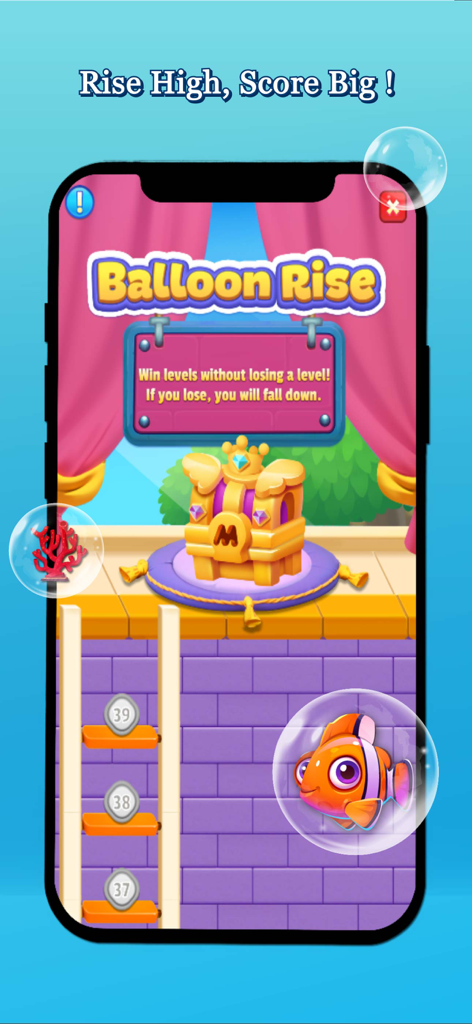 Screw Ocean: Match Revolution - Una captura de pantalla del mini juego Ascenso de Globos en Screw Ocean mostrando una progresión de escalera y una recompensa de cofre dorado