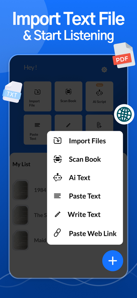 Read Aloud TTS: Text to Speech - Read Aloud TTS app interface displaying options to import files scan books and paste text