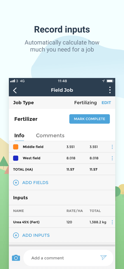 fieldmargin: manage your farm - 異なる畑に対する尿素投入量の計算を含む、施肥作業記録を表示するfieldmarginアプリのスクリーンショット