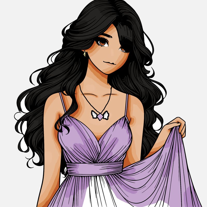 realistic girl in flowy silky prom dress