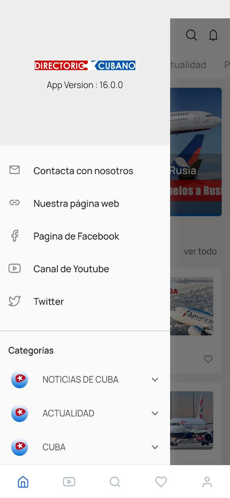 Menú lateral de la aplicación Directorio Cubano mostrando enlaces de contacto, acceso a redes sociales y categorías de noticias