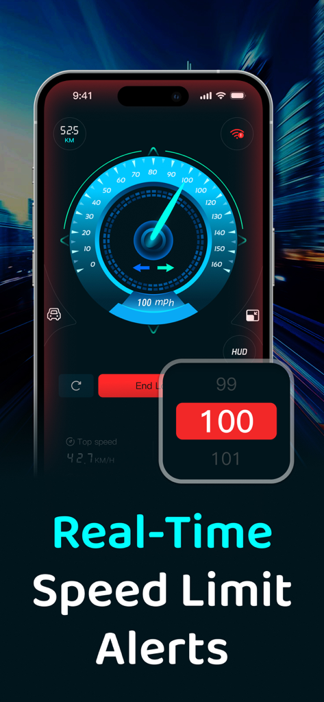 Speedometer GPS: Speed Monitor - Speedometer GPS 앱 화면에 실시간 속도 제한 경고가 표시됩니다.