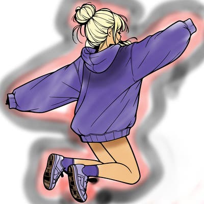 realistic girl jumping with a bun and oversized sweatshirt