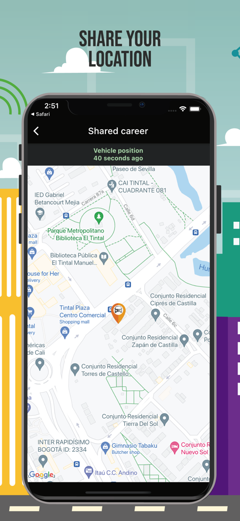 Interfaz de la aplicación Taxímetro GPS que muestra la función de compartir ubicación en tiempo real para un viaje en taxi en un mapa
