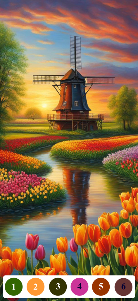 Senior Color - Paint By Number - A paint by number app interface showing a scenic windmill and tulip field landscape with large numbered buttons.
