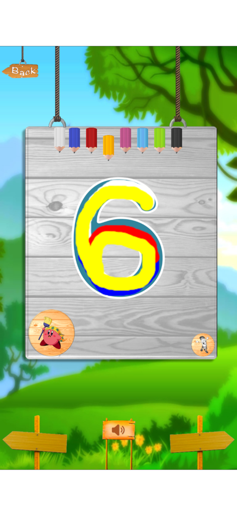 A colorful educational game interface showing a large number six for children to practice writing and tracing.