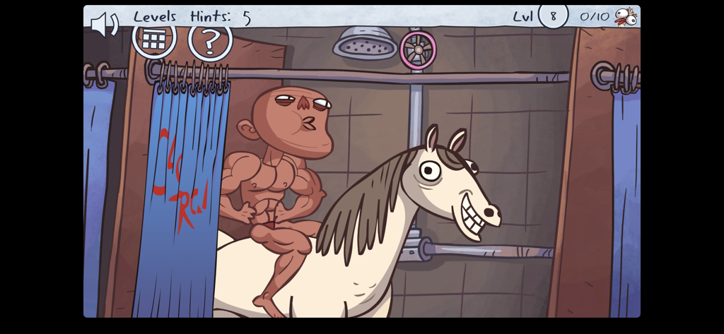 Troll Face Quest Video Memes - A muscular man sitting on a horse in a shower room parodying a viral video meme.