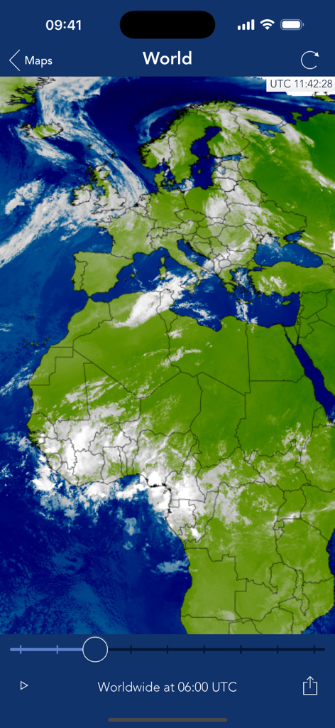 Worldwide satellite weather map showing cloud cover in the Sea Weather Professional app