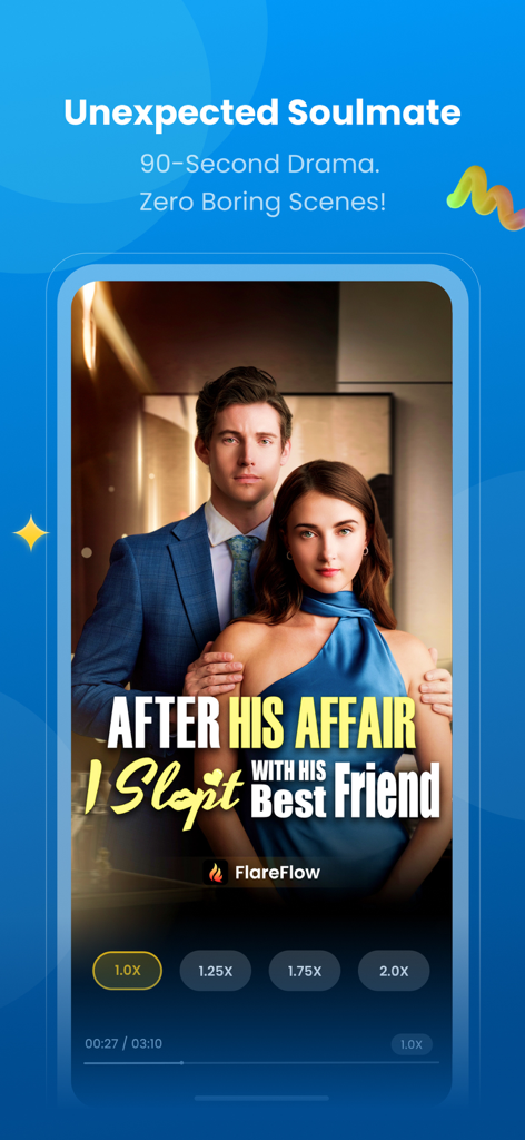 FlareFlow - Interface de l'application FlareFlow montrant un court drame intitulé After His Affair I Slept With His Best Friend avec des contrôles de lecture