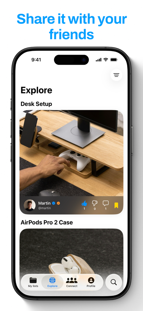 Wishlist – Share & Discover - A mobile app screen showing an explore feed of curated wishlists with social sharing and engagement features.