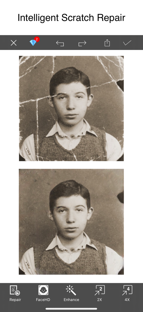Photo HD Recovery: Restore - インテリジェントな傷修復を使用して復元された古い写真の比較（修復前と修復後）