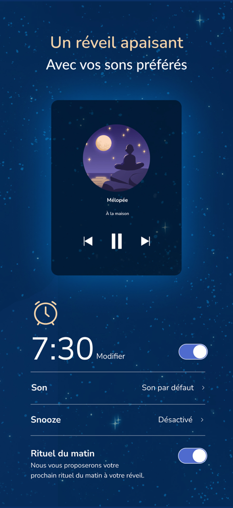 Sommeil avec Petit BamBou - Interfaz de la aplicación móvil mostrando un despertador relajante con música suave y configuraciones de ritual matutino.