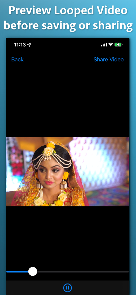 Oberfläche von Video Looper Pro, die eine Videovorschau und Freigabeoptionen anzeigt