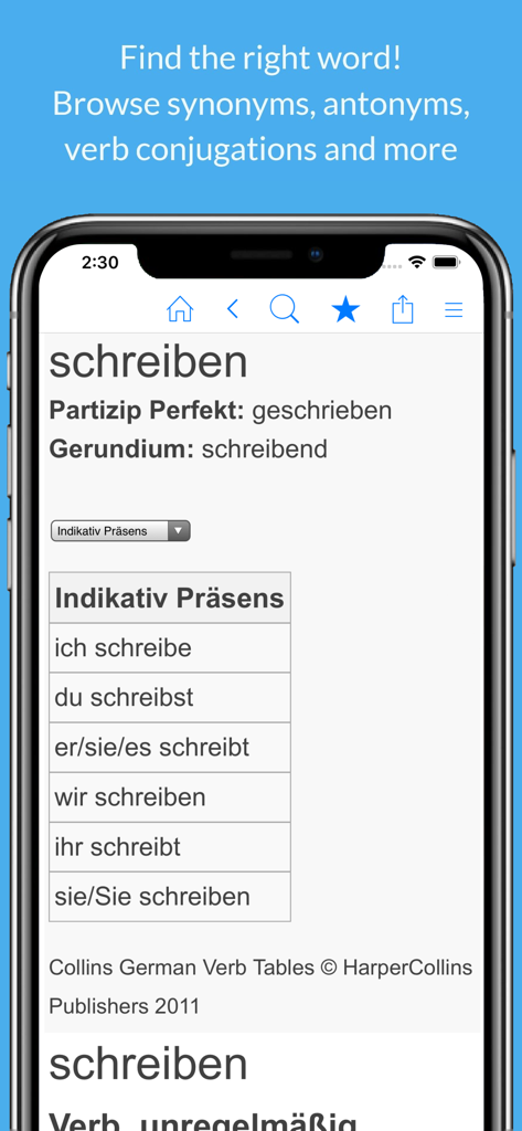 Un'interfaccia di un'app mobile che mostra la tabella di coniugazione al presente indicativo del verbo tedesco 'schreiben'.