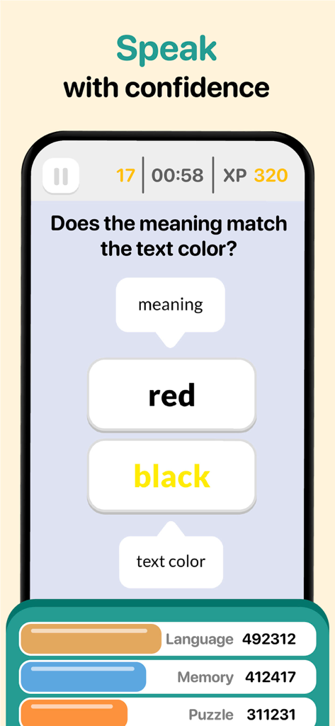 Thinky: Brain Training - Thinky app language training game screen matching word meaning with text color