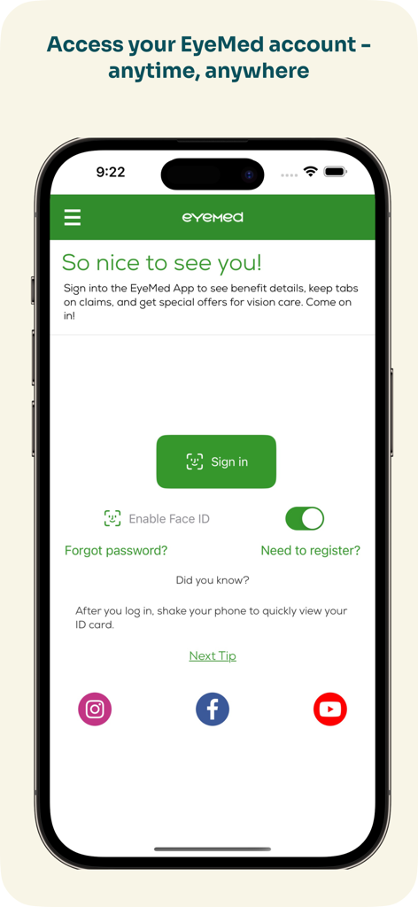 EyeMed - EyeMed mobile app sign in screen on an iPhone showing login options and Face ID toggle